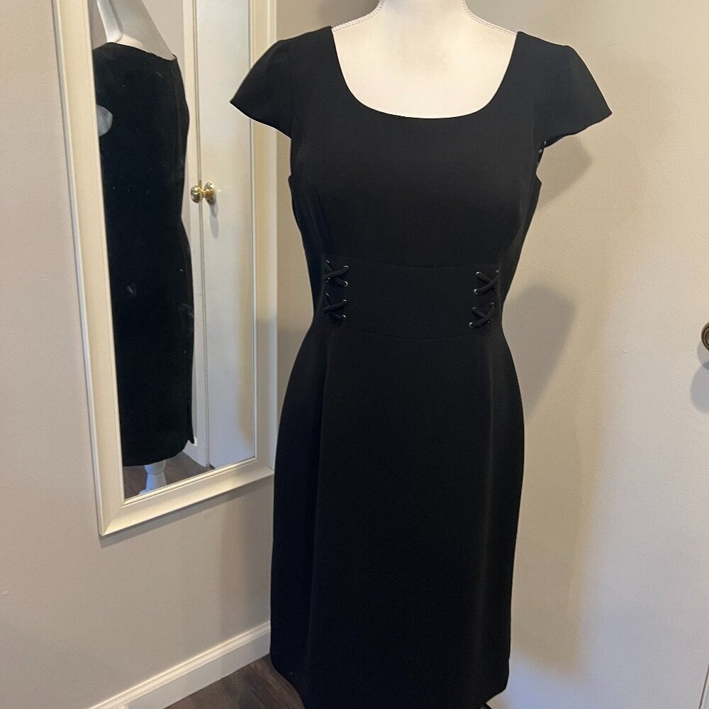 Tahari ASL Black Cap Sleeve Lace Up Waist Sheath Dress, Size 8